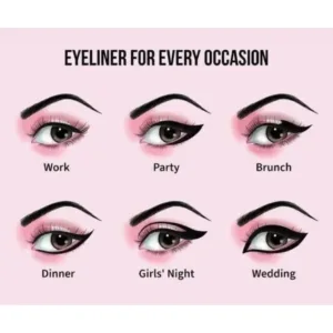 Guide visuel des 6 styles d'eyeliner pour toutes les occasions : Travail, Fête, Brunch, Dîner, Soirée entre filles et Mariage.