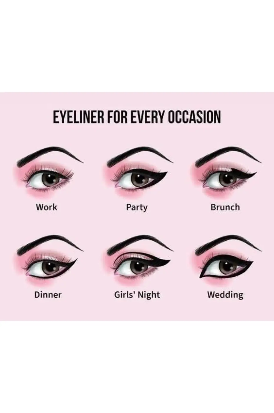 6 Styles d’Eyeliner pour Chaque Moment de Vie Guide visuel des 6 styles d'eyeliner pour toutes les occasions : Travail, Fête, Brunch, Dîner, Soirée entre filles et Mariage.