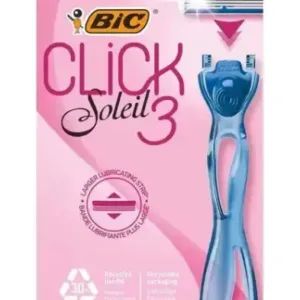 Rasoir BIC Click 3 Soleil avec un manche et 4 recharges de lames, emballage rose et blanc.