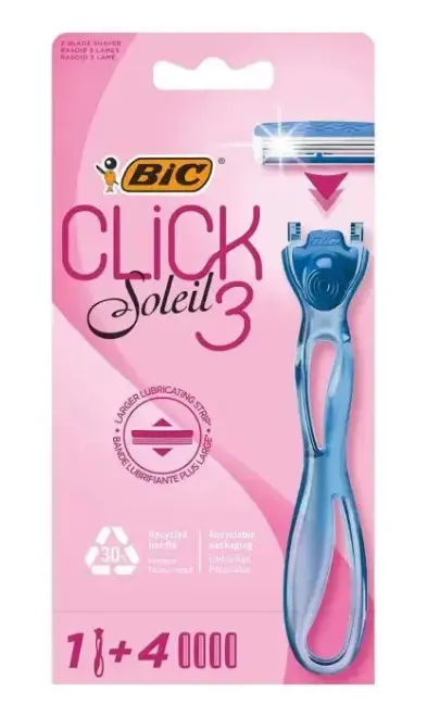 BIC Click 3 Soleil (Rasoir + 4 Recharges pour une Douceur Parfaite) Rasoir BIC Click 3 Soleil avec un manche et 4 recharges de lames, emballage rose et blanc.
