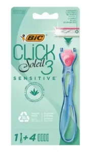 Paquet de rasoir BIC Soleil Click 3 Sensitive avec quatre recharges, manche bleu et tête rose, pour femmes.