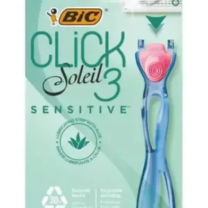 Paquet de rasoir BIC Soleil Click 3 Sensitive avec quatre recharges, manche bleu et tête rose, pour femmes.