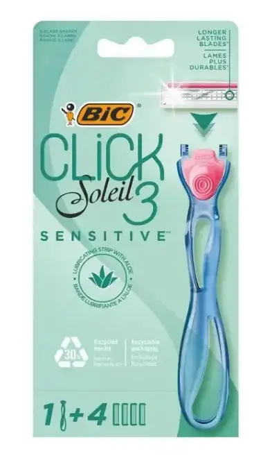 Rasoir BIC Soleil Click 3 Sensitive (1+4 recharges) pour femmes Paquet de rasoir BIC Soleil Click 3 Sensitive avec quatre recharges, manche bleu et tête rose, pour femmes.