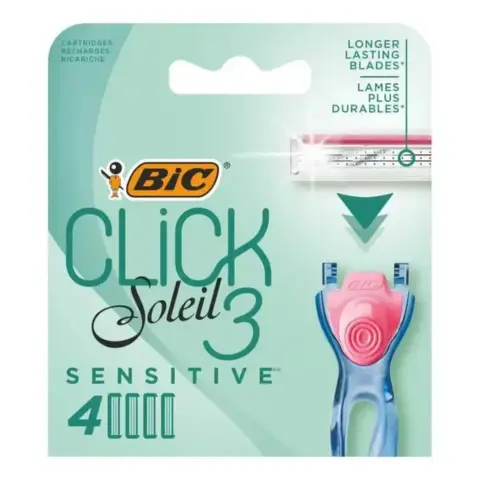 Recharges BIC Soleil Click 3 Sensitive (Lot de 4 lames) Paquet de quatre recharges de lames de rasoir BIC Soleil Click 3 Sensitive, avec la lame rose et bleue.