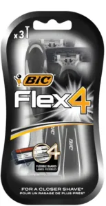 Paquet de trois rasoirs pour hommes BIC Flex 4, avec quatre lames flexibles pour un rasage de plus près.