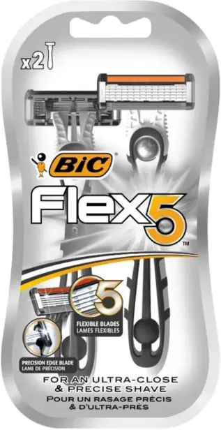 Rasoirs BIC Flex 5 (Paquet de 2) pour un rasage ultra-précis Paquet de deux rasoirs BIC Flex 5 pour hommes, avec 5 lames flexibles pour un rasage de près.