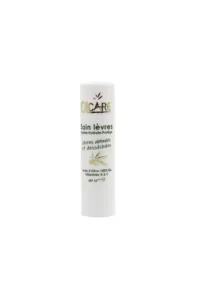 Tube blanc OLCARE Soin lèvres avec texte en français : apaise, hydrate, protège. Contient huile d’olive bio et SPF 10.