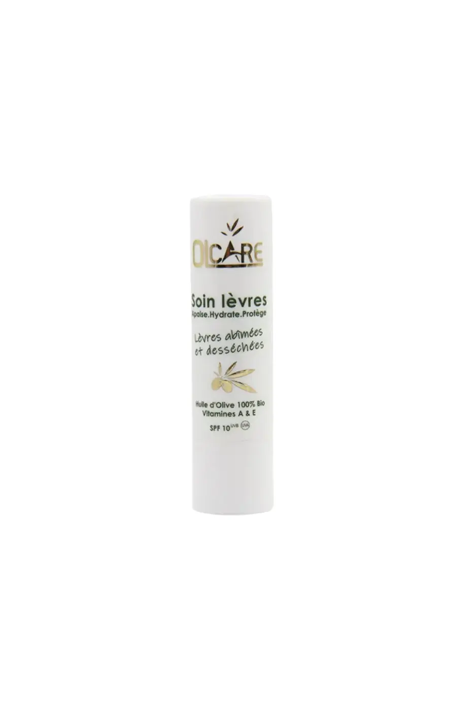 OLCARE Soin Lèvres (3 bienfaits + SPF 10 + bio) à découvrir Tube blanc OLCARE Soin lèvres avec texte en français : apaise, hydrate, protège. Contient huile d’olive bio et SPF 10.