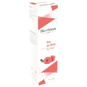 Boîte blanche Bio Orient Eau de Rose 125 ml avec motifs roses et image de trois roses roses en bas du packaging.
