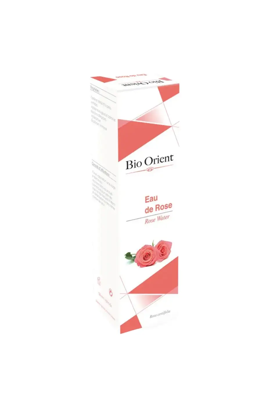 Bio Orient Eau de Rose 125 ml (4 Bienfaits Naturels) Boîte blanche Bio Orient Eau de Rose 125 ml avec motifs roses et image de trois roses roses en bas du packaging.