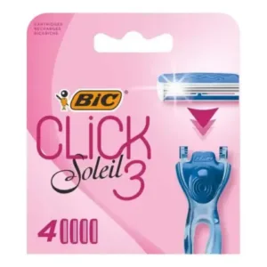 Boîte de 4 recharges de lames BIC Click 3 Soleil, emballage rose avec rasoir bleu. Idéal pour un rasage précis.