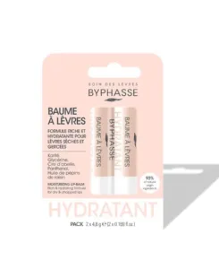 Deux baumes à lèvres Byphasse hydratants dans leur emballage rose et blanc, avec l'ombre portée sur un fond blanc.
