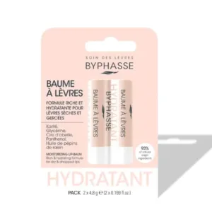 Deux baumes à lèvres Byphasse hydratants dans leur emballage rose et blanc, avec l'ombre portée sur un fond blanc.