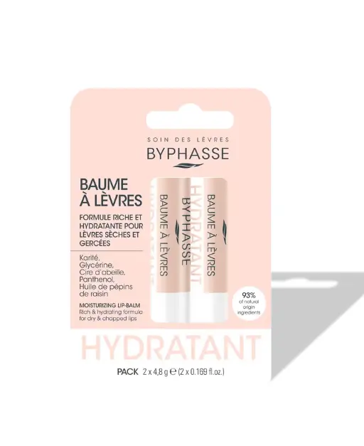 Byphasse Baume à Lèvres Hydratant (2 Unités pour un Sourire Parfait) Deux baumes à lèvres Byphasse hydratants dans leur emballage rose et blanc, avec l'ombre portée sur un fond blanc.
