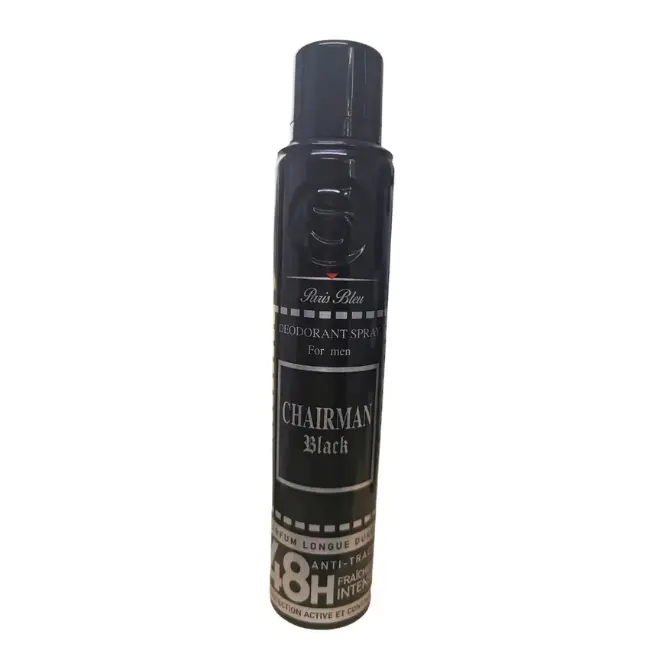 Chairman Black Homme 200 ml (48h Fraîcheur & Protection) Aérosol noir Chairman Black 200 ml pour homme, fraîcheur intense 48h, protection anti‑traces et parfum longue durée.