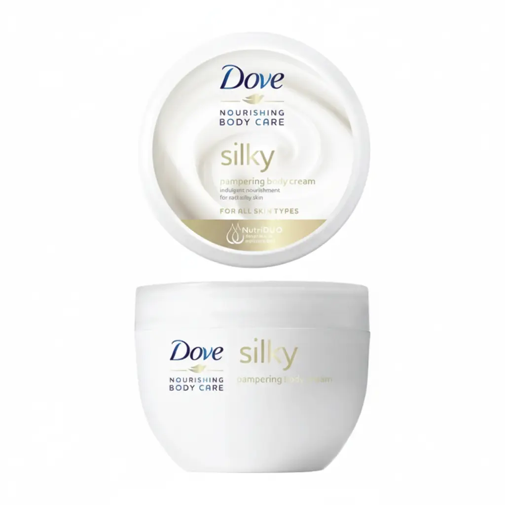 Crème corps Dove Silky (300 ml) pour une peau douce comme de la soie Vue de dessus et de face d'un pot de crème pour le corps Dove Silky de 300 ml, avec sa texture onctueuse visible.