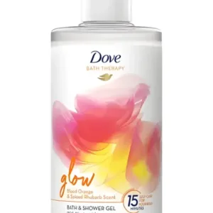 Un flacon blanc de gel douche Dove "Glow" à l'orange sanguine et à la rhubarbe épicée, sur fond blanc.