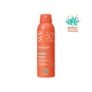 Bouteille aérosol de lait solaire crépitant SVR SUN SECURE SPF50+ sur fond blanc, avec un logo "Respect des Océans".