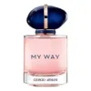 Flacon parfum My Way Giorgio Armani, verre transparent rose, capuchon bleu or, 100 ml, fond rose élégant