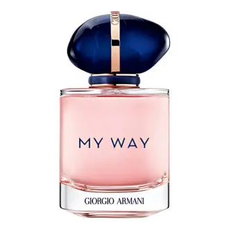 Parfum My Way Giorgio Armani (Eau de Parfum 100 ml) Flacon parfum My Way Giorgio Armani, verre transparent rose, capuchon bleu or, 100 ml, fond rose élégant