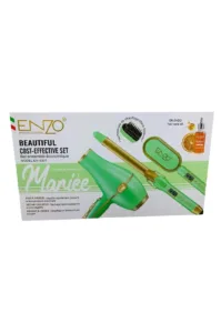 Coffret de coiffure ENZO PRO 3-en-1 vert et or, avec un sèche-cheveux, une brosse lissante et un boucleur.