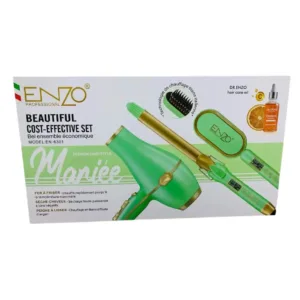 Coffret de coiffure ENZO PRO 3-en-1 vert et or, avec un sèche-cheveux, une brosse lissante et un boucleur.