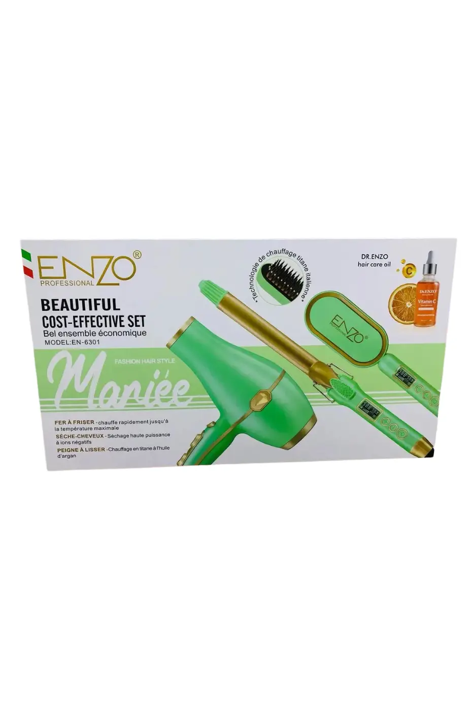 ENZO PRO : Un Pack 3-en-1 pour 1 Coiffure Coffret de coiffure ENZO PRO 3-en-1 vert et or, avec un sèche-cheveux, une brosse lissante et un boucleur.