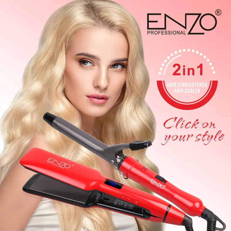 Coffret ENZO Professional (Lisseur + Boucleur 2 en 1) Femme souriante aux cheveux blonds ondulés, tenant le fer à lisser et le fer à boucler rouges ENZO Professional.