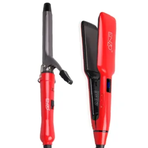 Fer à lisser rouge ENZO et fer à boucler rouge ENZO présentés côte à côte sur un fond blanc.