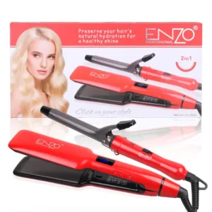 Les deux outils de coiffure du coffret ENZO posés devant leur boîte d'emballage, montrant une femme blonde.