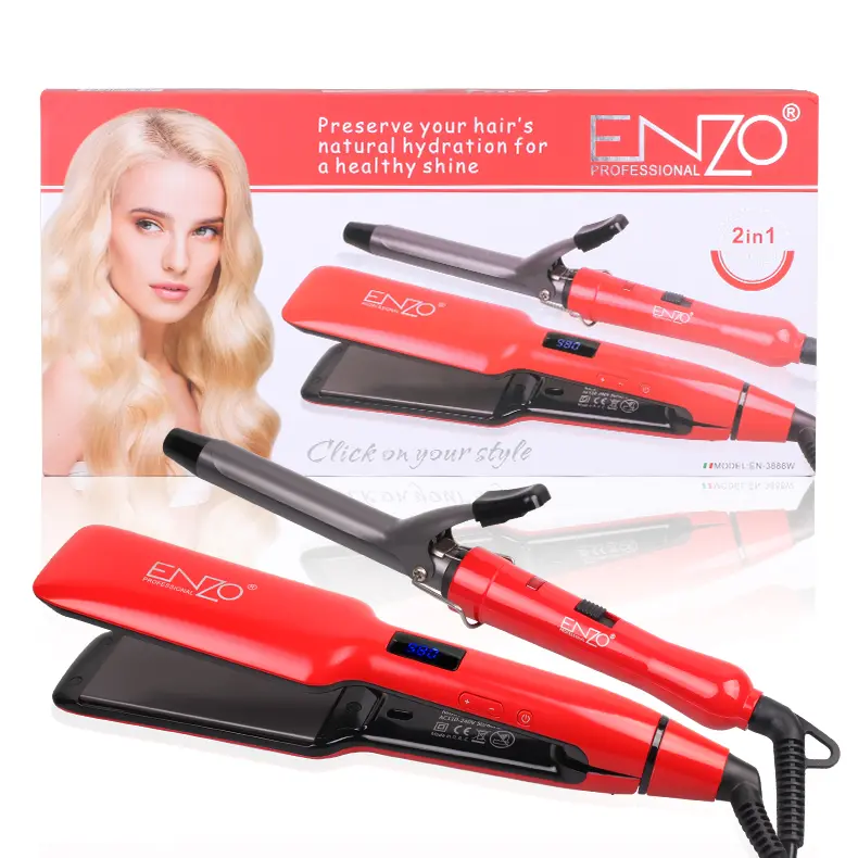 Coffret Coiffure ENZO 2-en-1 (Boîte + Outils) Les deux outils de coiffure du coffret ENZO posés devant leur boîte d'emballage, montrant une femme blonde.