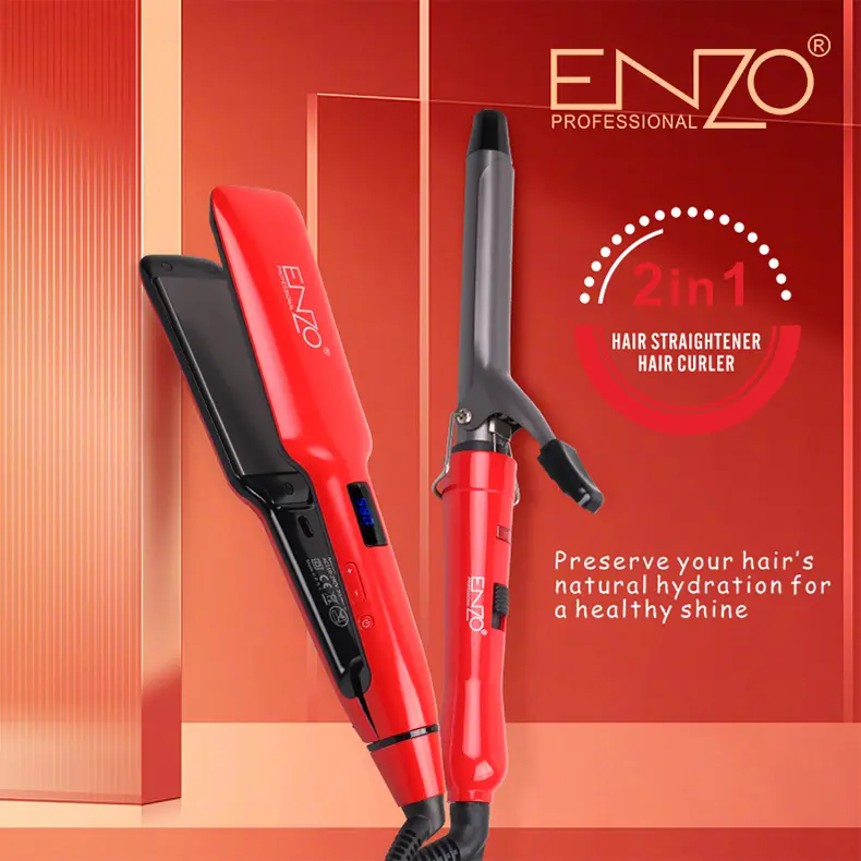 Coffret ENZO Professional (Lisseur + Boucleur 2-en-1) Fer à lisser et fer à boucler rouges ENZO Professional sur fond dégradé rouge, mettant en avant le "2in1".