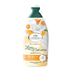 Bouteille de Gel Douche L'Angelica Supreme Care Lait au Curcuma 500ml, avec des illustrations de curcuma.