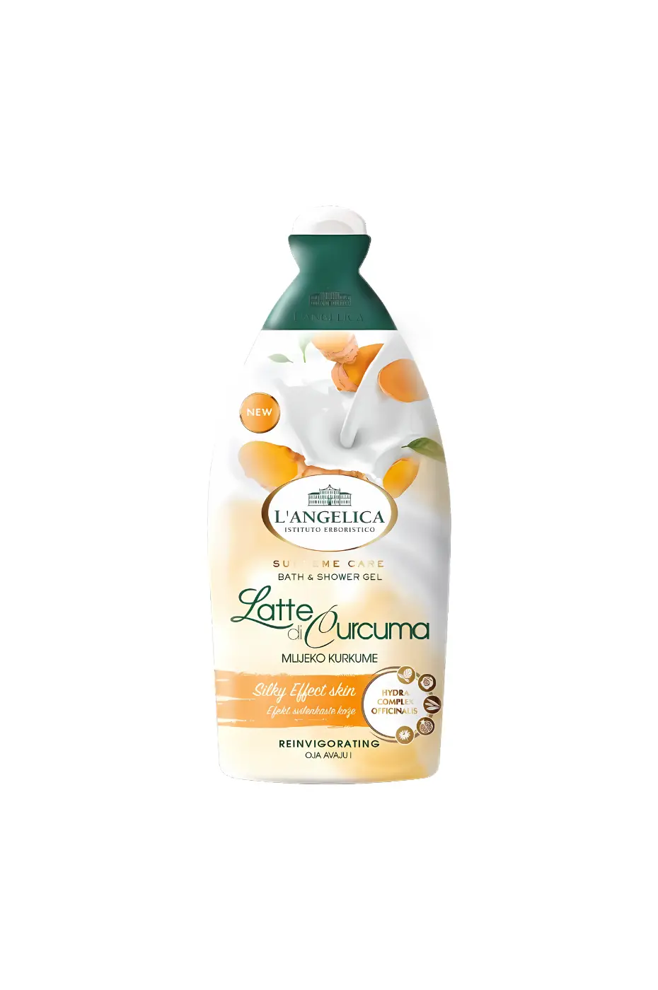 L'Angelica Supreme Care : Le Secret (pour 1 peau Radieuse) Bouteille de Gel Douche L'Angelica Supreme Care Lait au Curcuma 500ml, avec des illustrations de curcuma.