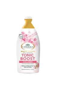 Une bouteille blanche de gel douche L'Angelica Tonic Boost de 500 ml avec des bulles roses et des illustrations de grains de café.