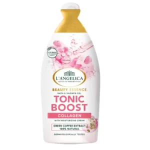 Une bouteille blanche de gel douche L'Angelica Tonic Boost de 500 ml avec des bulles roses et des illustrations de grains de café.