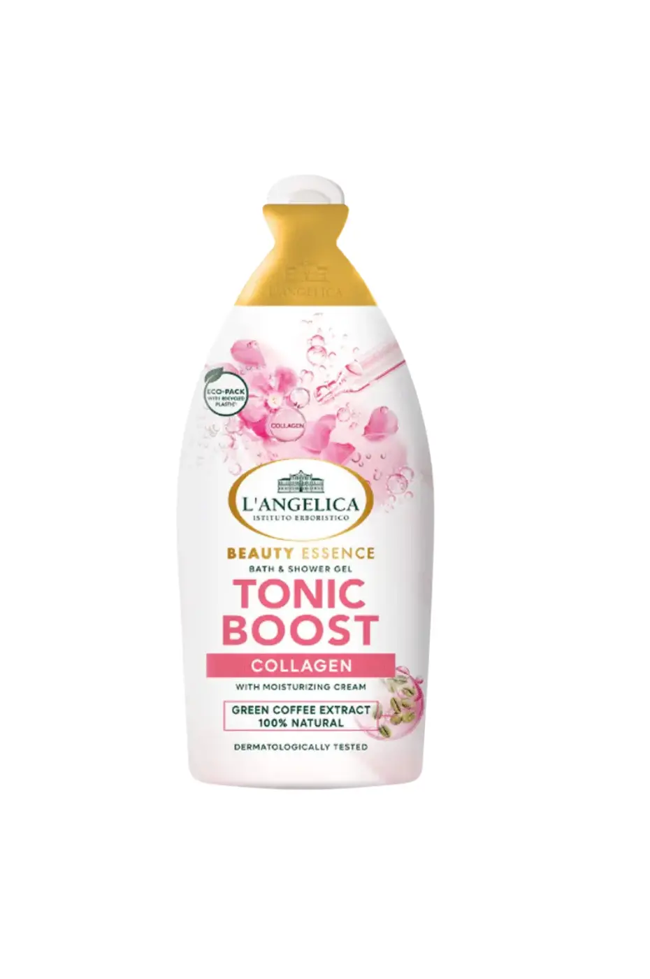 Gel Douche L'Angelica (5 Avantages du Tonic Boost 500ml) Une bouteille blanche de gel douche L'Angelica Tonic Boost de 500 ml avec des bulles roses et des illustrations de grains de café.