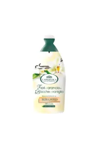 Une bouteille de gel douche L'Angelica "Fiori d'Arancio e Bacche di Vaniglia" avec une illustration de fleurs d'oranger et de gousses de vanille.