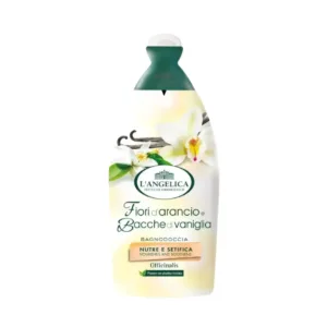 Une bouteille de gel douche L'Angelica "Fiori d'Arancio e Bacche di Vaniglia" avec une illustration de fleurs d'oranger et de gousses de vanille.