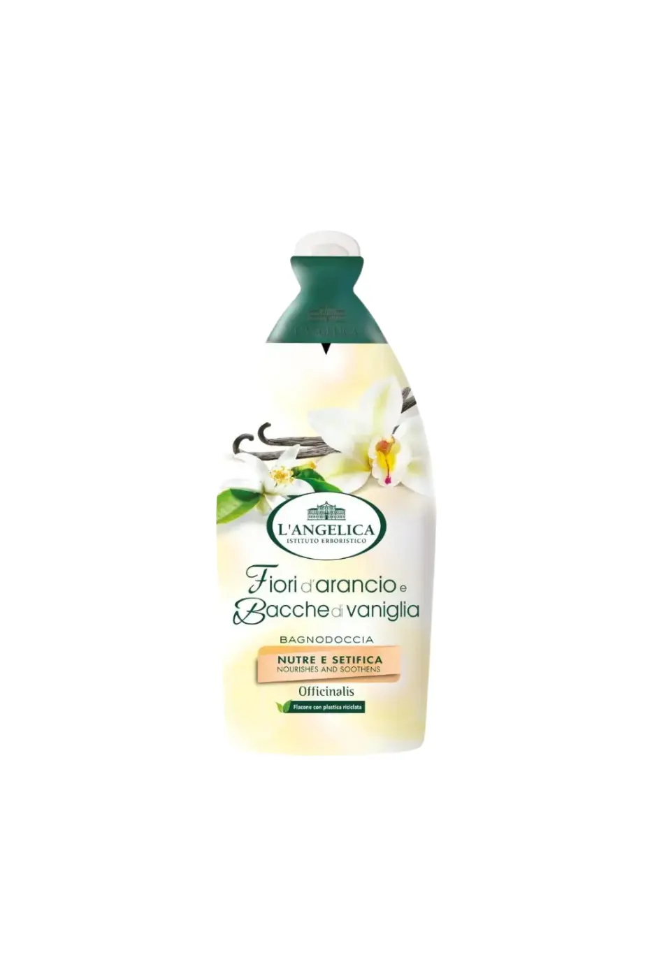 Gel-douche-Langelica-fleurs-doranger-et-baies-de-vanille-500ml Une bouteille de gel douche L'Angelica "Fiori d'Arancio e Bacche di Vaniglia" avec une illustration de fleurs d'oranger et de gousses de vanille.