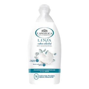 Bouteille de Gel Douche L'Angelica Linfa Nature Essential 500ml, avec un cœur de lait et des feuilles.