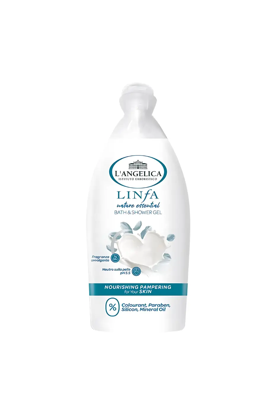 L'Angelica Linfa : 100% de Douceur (pour la Peau Sensible) Bouteille de Gel Douche L'Angelica Linfa Nature Essential 500ml, avec un cœur de lait et des feuilles.