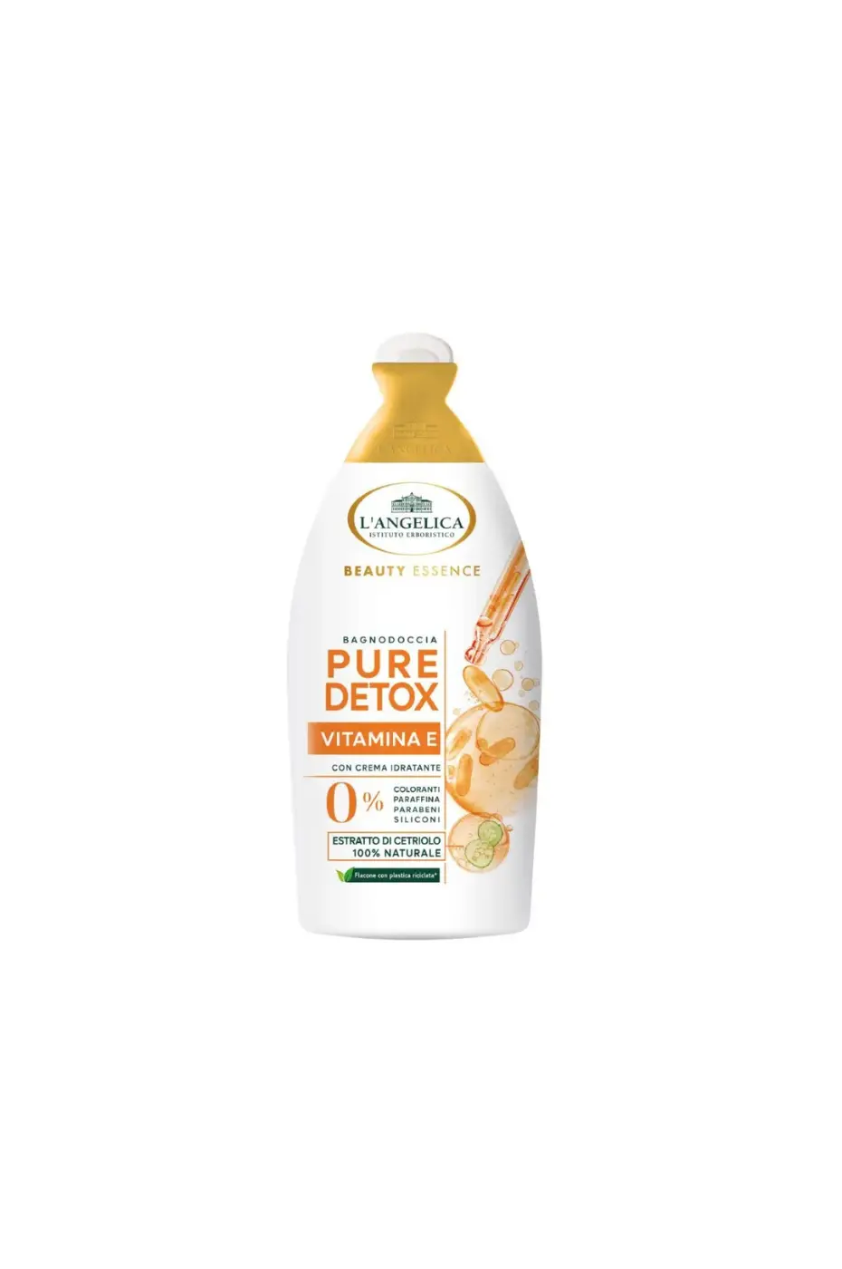 L'Angelica Pure Detox : 1 Gel Douche pour un Détox (500ml) Bouteille de Gel Douche L'Angelica Pure Detox avec Vitamine E et concombre, sur fond blanc.