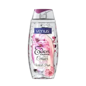 Gel douche « Eden Garden Fleur de Cerisier » Laboratoires Venus, flacon transparent rose, 270 ml, décor floral