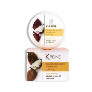 Un pot de beurre de karité K-Reine 90 ml, posé sur sa boîte d'emballage. Le produit est 100% naturel.
