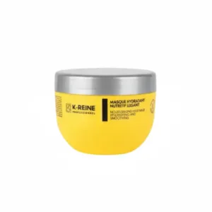 Pot jaune K‑REINE Professionnel, masque hydratant nutritif lissant 420 ml avec couvercle gris, soin cheveux secs et abîmés