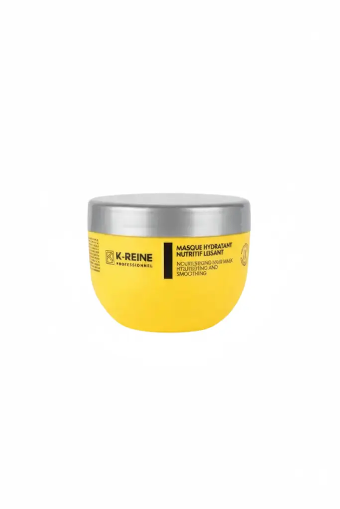 Masque Nutritif Lissant K‑REINE (3 actions en 1 soin) Pot jaune K‑REINE Professionnel, masque hydratant nutritif lissant 420 ml avec couvercle gris, soin cheveux secs et abîmés