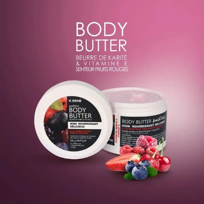 K‑Reine Body Butter Fruits Rouges (250 ml) – Hydratation 24h K‑Reine Body Butter aux fruits rouges avec beurre de karité et vitamine E, crème rose onctueuse en pot 250 ml