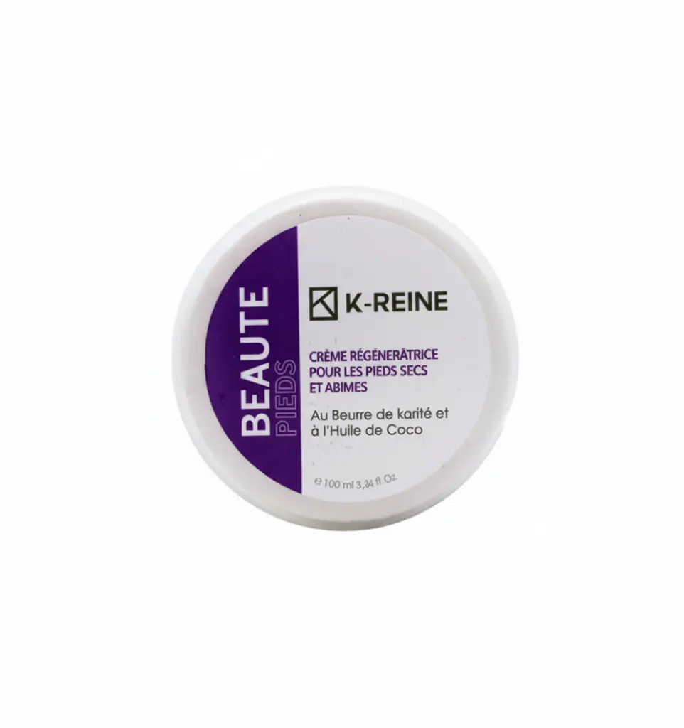 Crème K-reine pour pieds secs (100 ml) au beurre de karité Vue de dessus d'un pot blanc de crème pour les pieds K-reine au beurre de karité et à l'huile de coco.