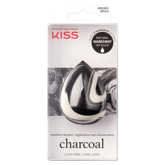 KISS Éponge Charcoal Sans Latex – Marbrée Noir/Blanc (1 pc) Éponge maquillage KISS marbrée noir/blanc avec charbon actif, forme goutte, en emballage transparent, sans latex.